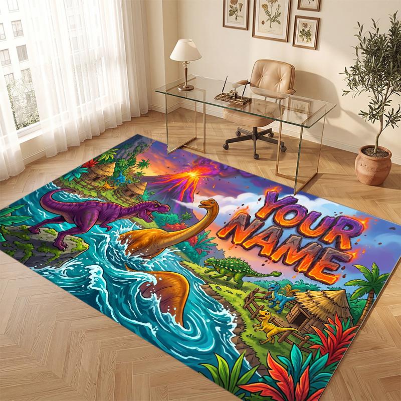 Dinosaur Theme Soft Crystal Velvet Rug Custom Name & Text Print Non Slip Floor Rug for Bedroom Living Room