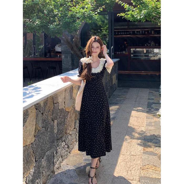 

Black French lotus leaf collar sweet floral dress summer new medium and long light luxury short-sleeved coffee break dress XL