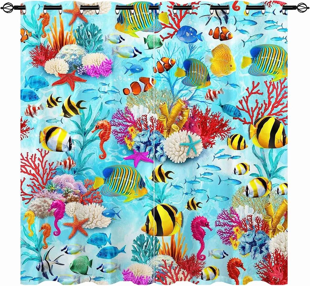 Ocean Animal Landscape Window Curtain, Coral with Nautical Map, Thin, Octopus, Living Room, Bedroom Decor