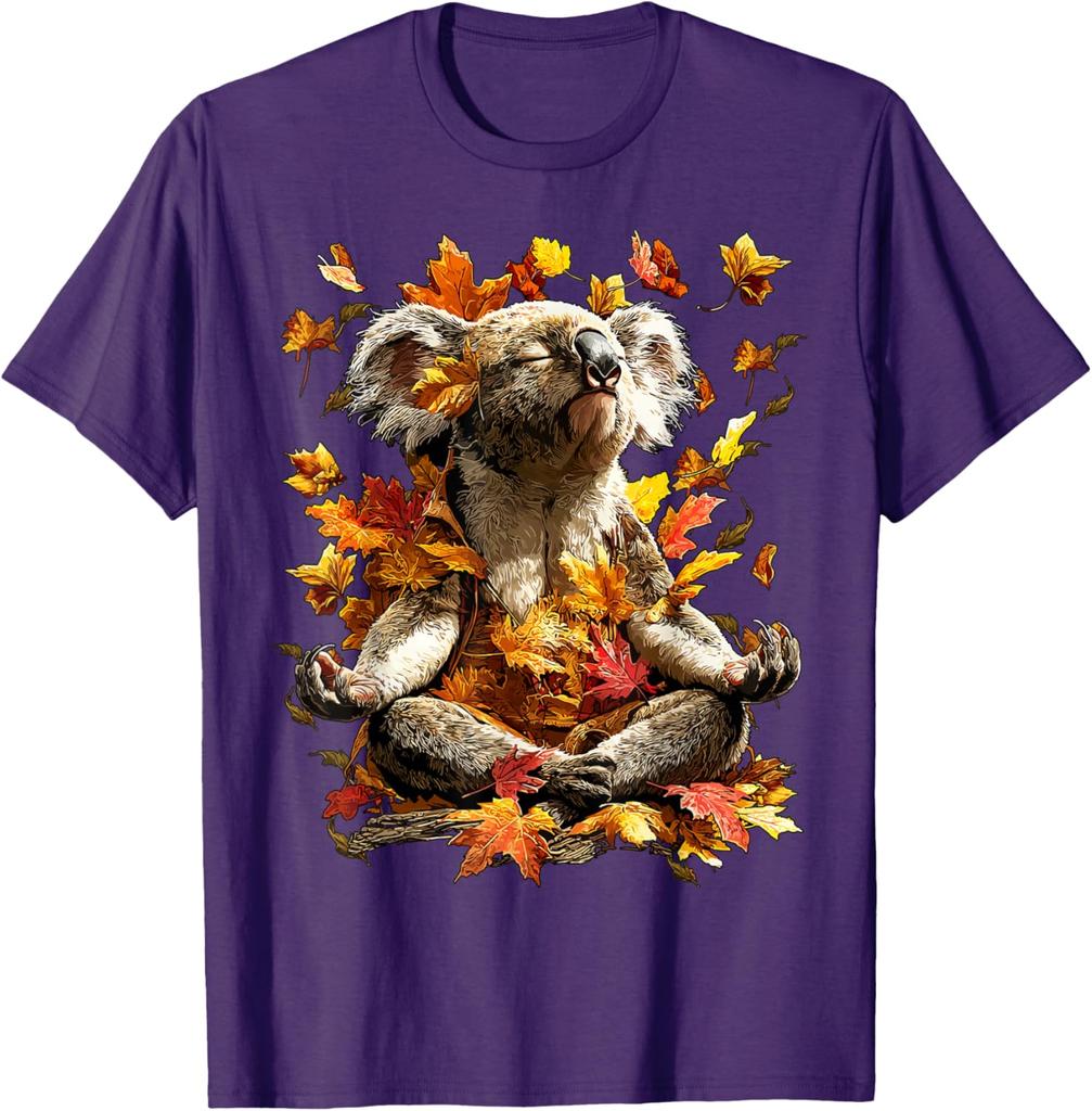 Meditating Koala Autumn Leaves Graphic Tee Men Women Casual Soft Cotton T-Shirt