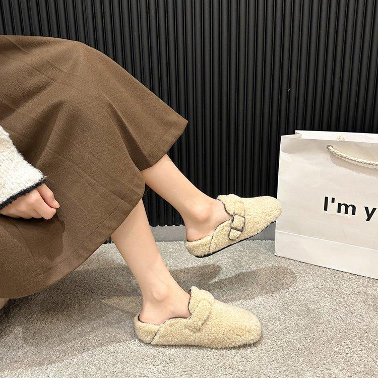 [Ushilai] Comfortable bag head half slippers women's winter 2025 new velvet warm thick-bottomed versatile cotton mop