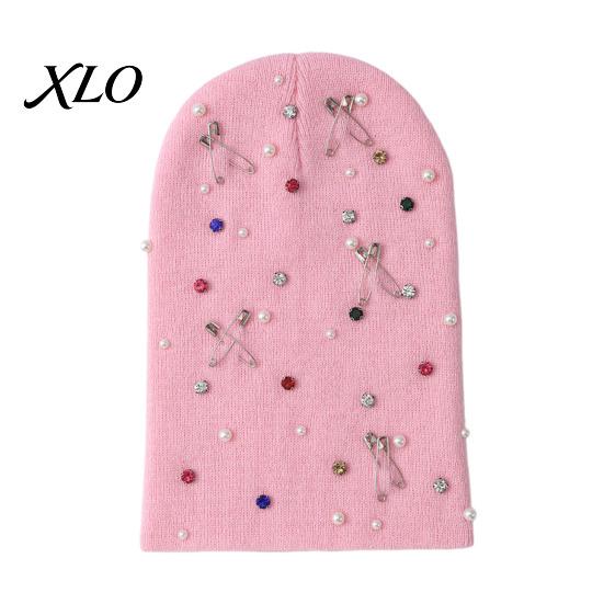 Soft Yarn Warm Cap Colorful Rhinestone Knitted Hat, Faux Pearl Safety Pin Punk Knit Stylish Music Festival Hat Bling Winter Hip Hop for Women
