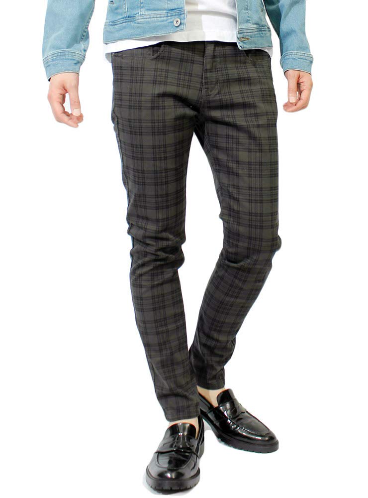 One Colors Men's Checked and Striped Skinny Pants, Stretch Slim Fit, Size Small, Charcoal Check