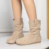 Suede short boots, women's pleated pile boots, round toe winter western denim fashionable women's boots