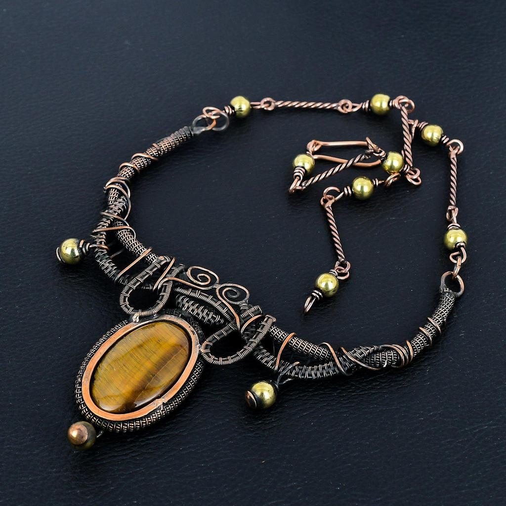 Tiger's Eye 999 Copper Wire Wrapped Necklace Adjustable, Chain Necklace Handmade Gemstone, Gift For Mom Antique Jewelry