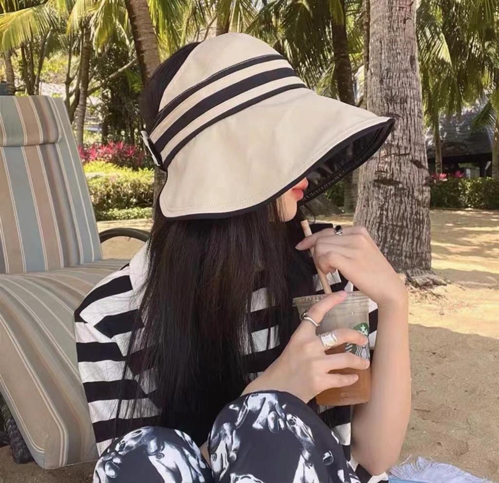 Spring and Summer Big Brim Shading Empty Top Striped Hat Big Brim Outdoor Face Covering Summer Versatile Hat Breathable Adult