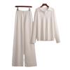 Women 2 Piece Set Knitted Sweater Half High Collar Long Sleeve Top Wide Leg Pants Casual Loungewear