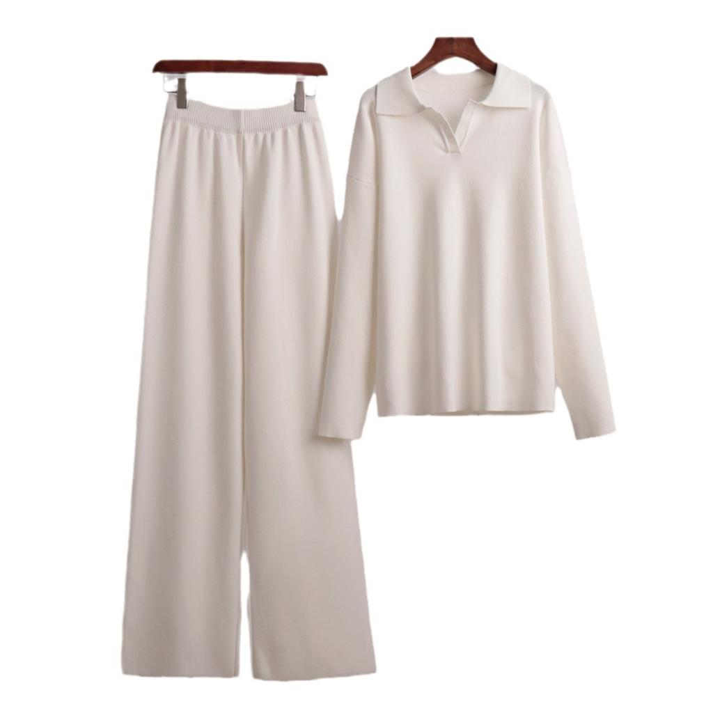 Women 2 Piece Set Knitted Sweater Half High Collar Long Sleeve Top Wide Leg Pants Casual Loungewear