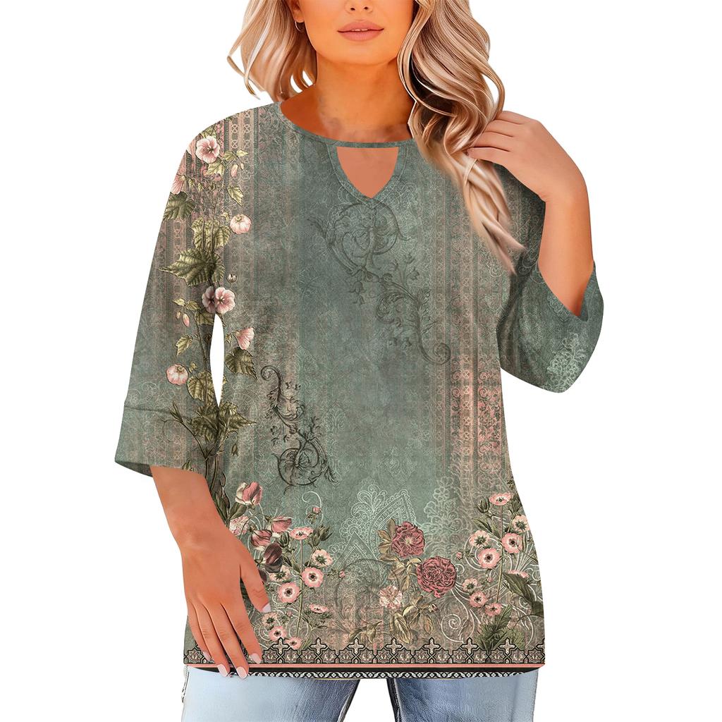 Women's Fashion Casual Round Neck Three-Quarter Sleeve Oversized Print Top