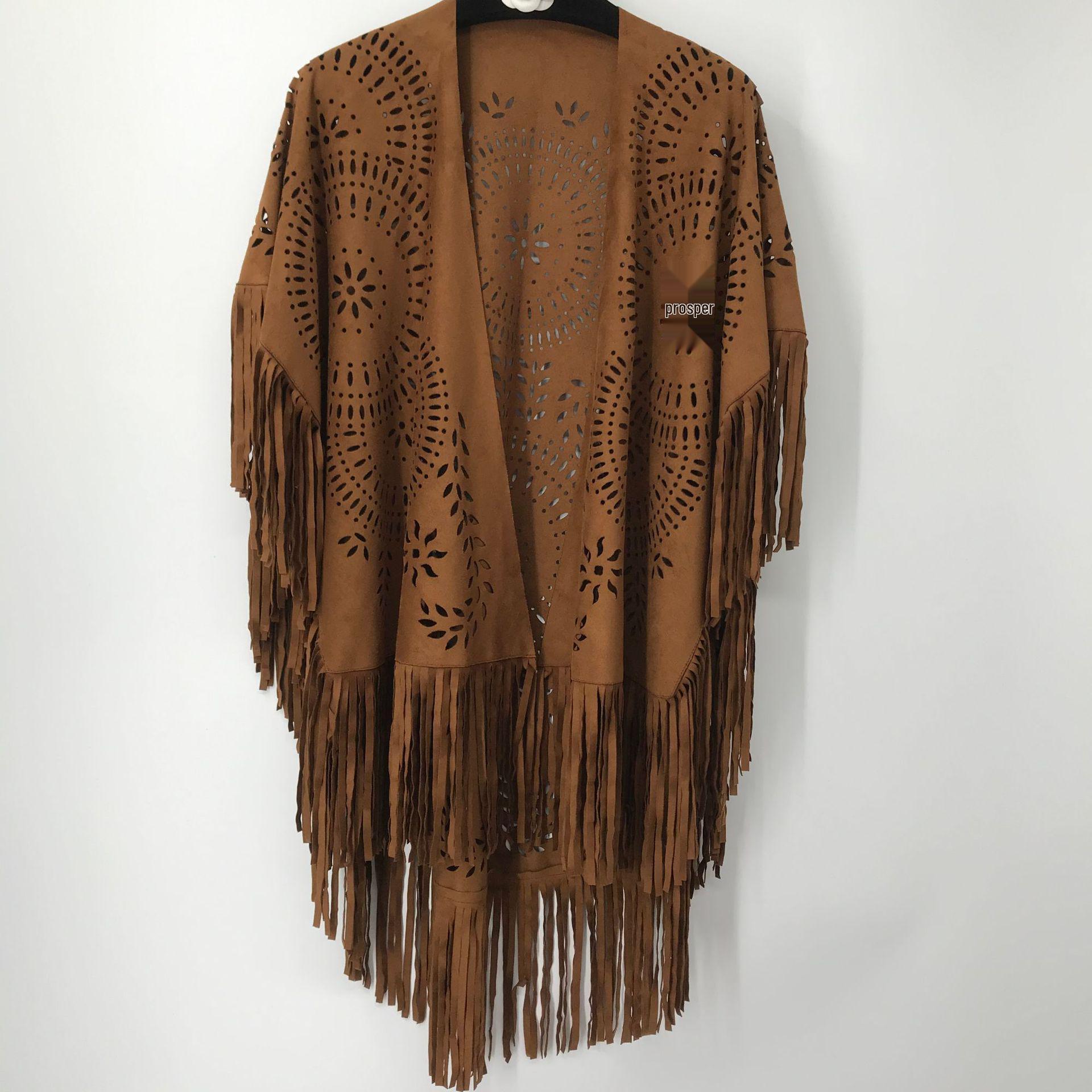 

Retro Brown Suede Velvet Tassel Shawl for Women - European & American Summer Style коричневый