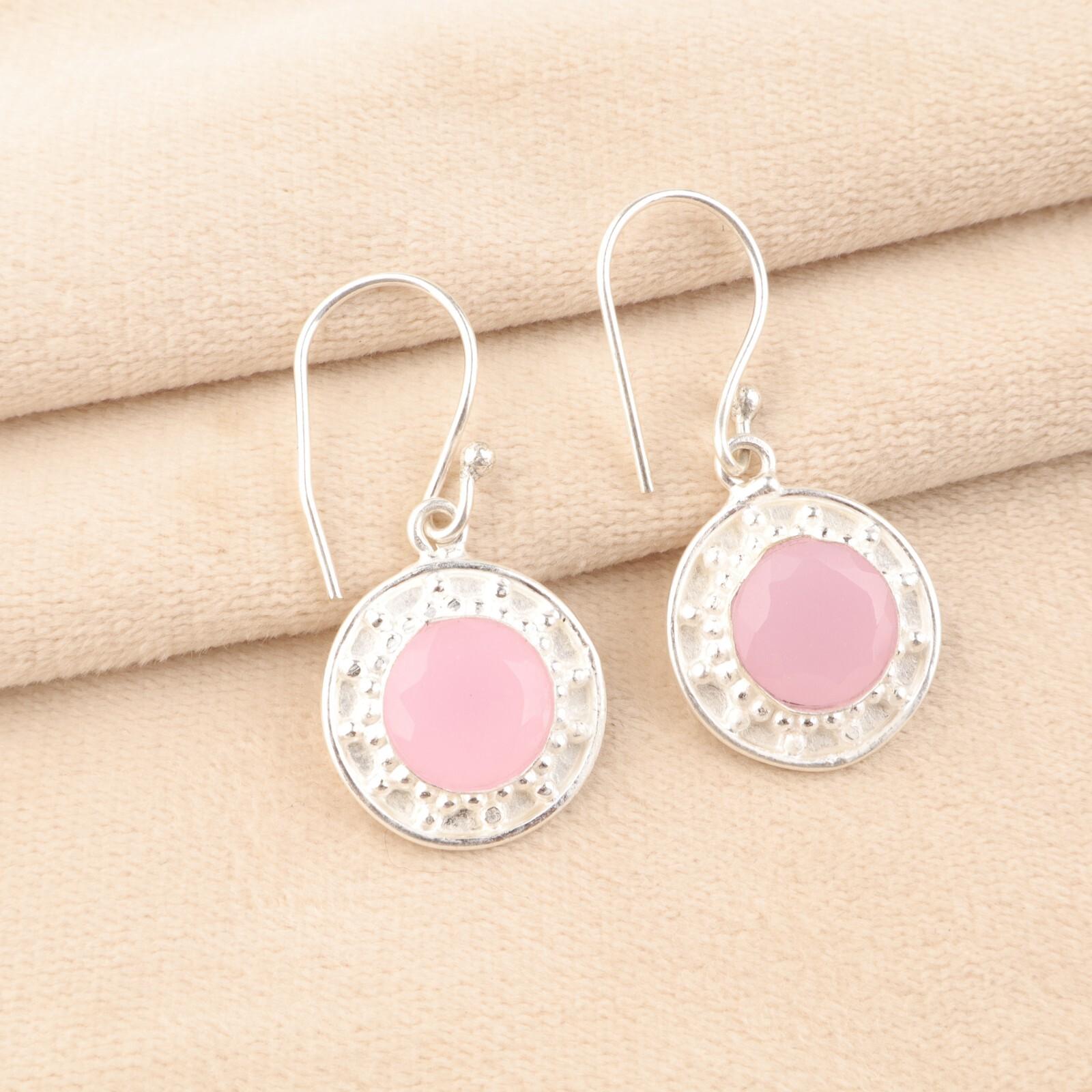 

Натуральный камень Розовый Халцедон 925 Проба Стерлинговое серебро Ювелирные изделия ручной работы Серьги 1,5 EE-153-17