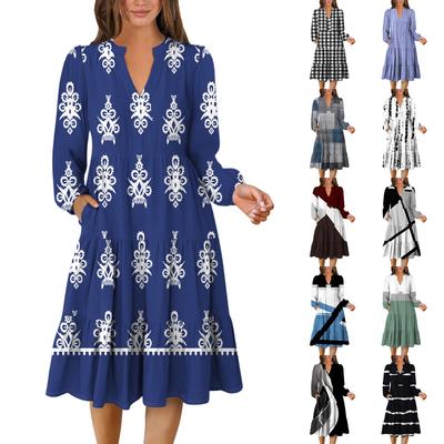 Vestido Feminino Decote V Fluido Camadas Boêmio Manga Longa Estampa Geométrica