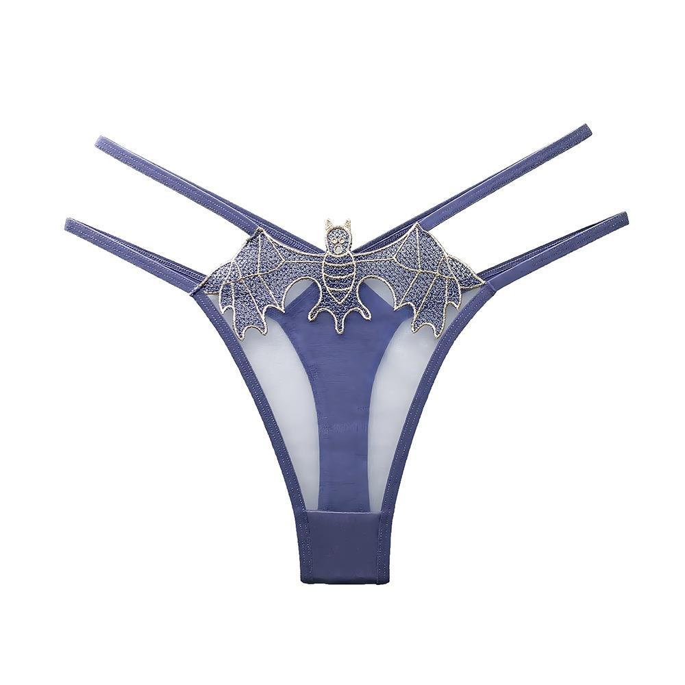 Sexy Thong Female Bat Element Shiny Embroidered Strap Hollow Transparent Tulle Seductive Girl Panties