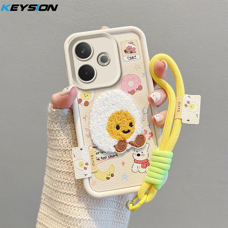 KEYSION Cartoon Cute Plush Embroidery Case for OPPO A5 Pro 5G with Lanyard Silicone Shockproof Phone Cover for OPPO A5 Pro