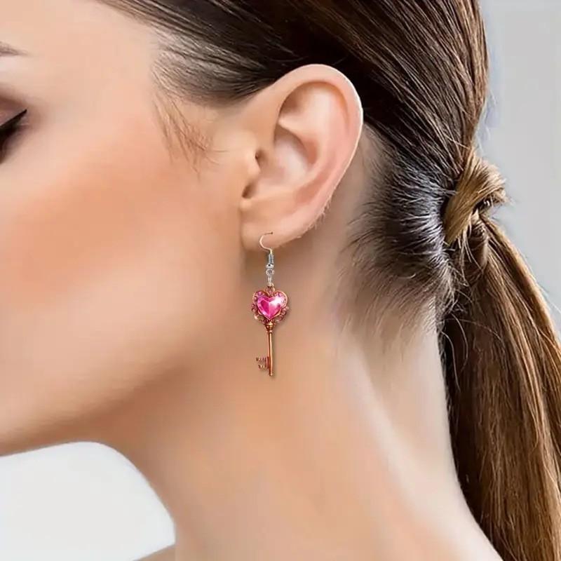 Heart Shaped Sweet Lock And Key Design Acrylic Women Pink Earrings Jewelry