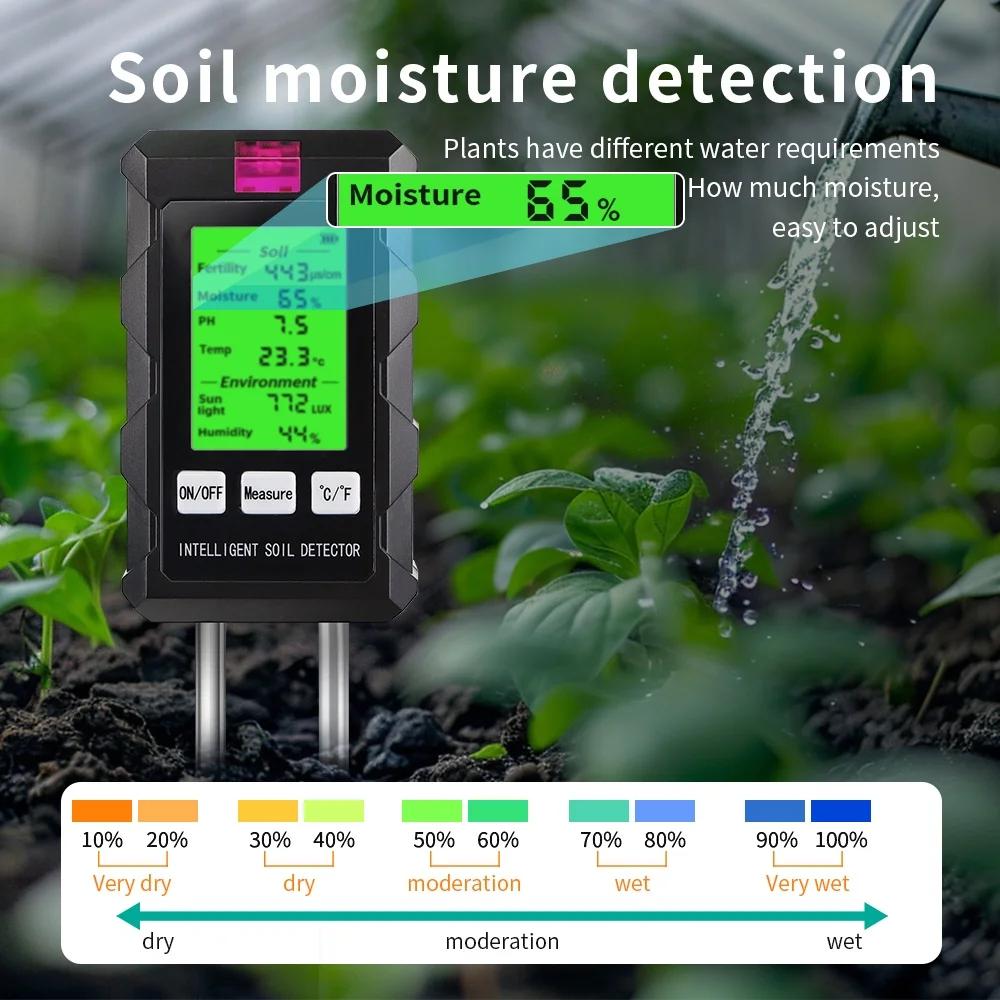 6 In 1 Soil PH Meter Sunlight Ambient Humidity Temp Soil Moisture Tester Air Moisture Nutrient Fertility Meter Gardening Tools