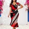 Women Plus Size V Neck Short Sleeve Blue Orange Printed Fitted Fishtail Dress