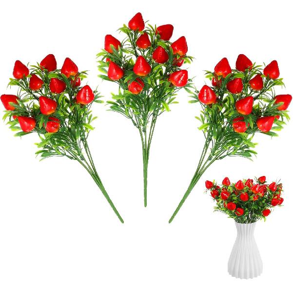 3Pcs Artificial Strawberry Stem Faux Strawberry Plant Ornaments Fruit Flower Stem for Home Wedding Party Decor