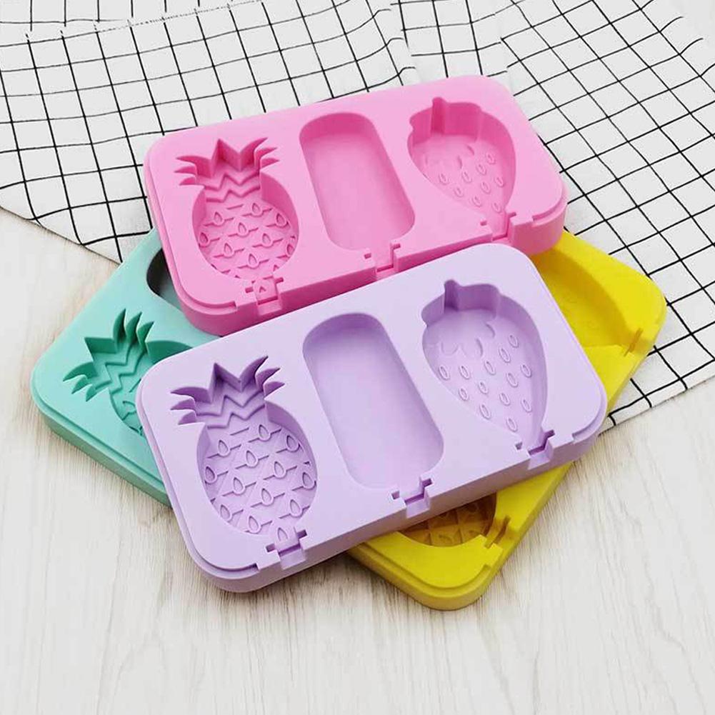 3 Cavities Silicone Ice Cream Mold Reusable Ice Cubes Tray Popsicle Mold with Stick