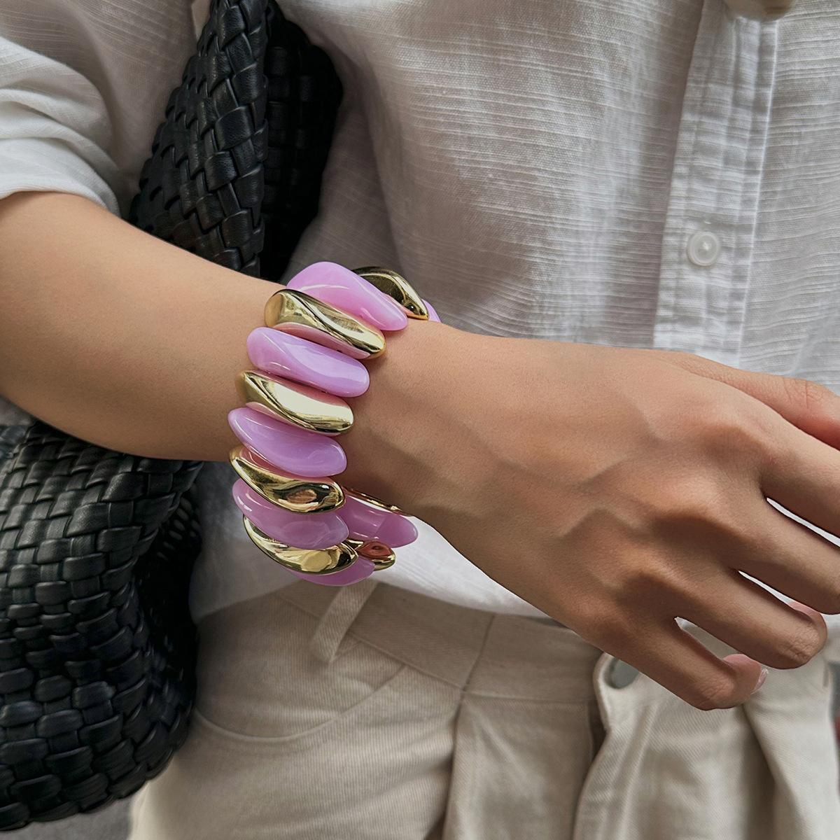 

Ретро Красочный Окрашенный Акриловая Смола Эластичность Браслет-Браслет Геометрический Преувеличенный Широкий Круглый Эластичный Браслет для Женщин Массивная Бижутерия