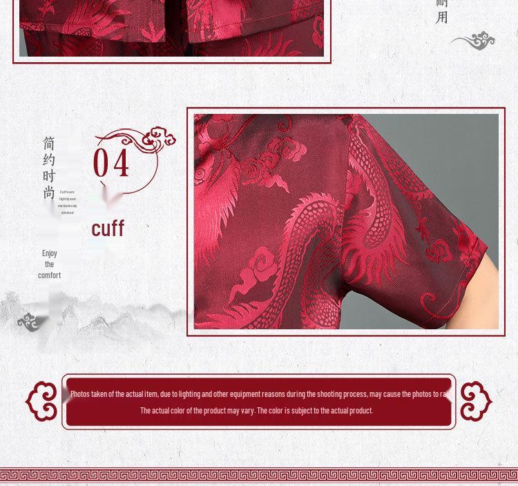 Silk Satin Dragon Tang Suit: Short-Sleeve Hanfu Shirt for Middle-Aged & Elderly Men, Lay Buddhist Attire with Frog Buttons