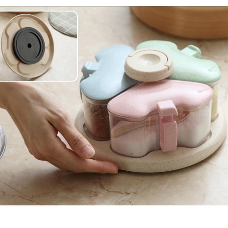 New Wheat Straw Rotating Seasoning Jar Three-in-one Combination Set Kitchen Supplies Salt Storage Bottle