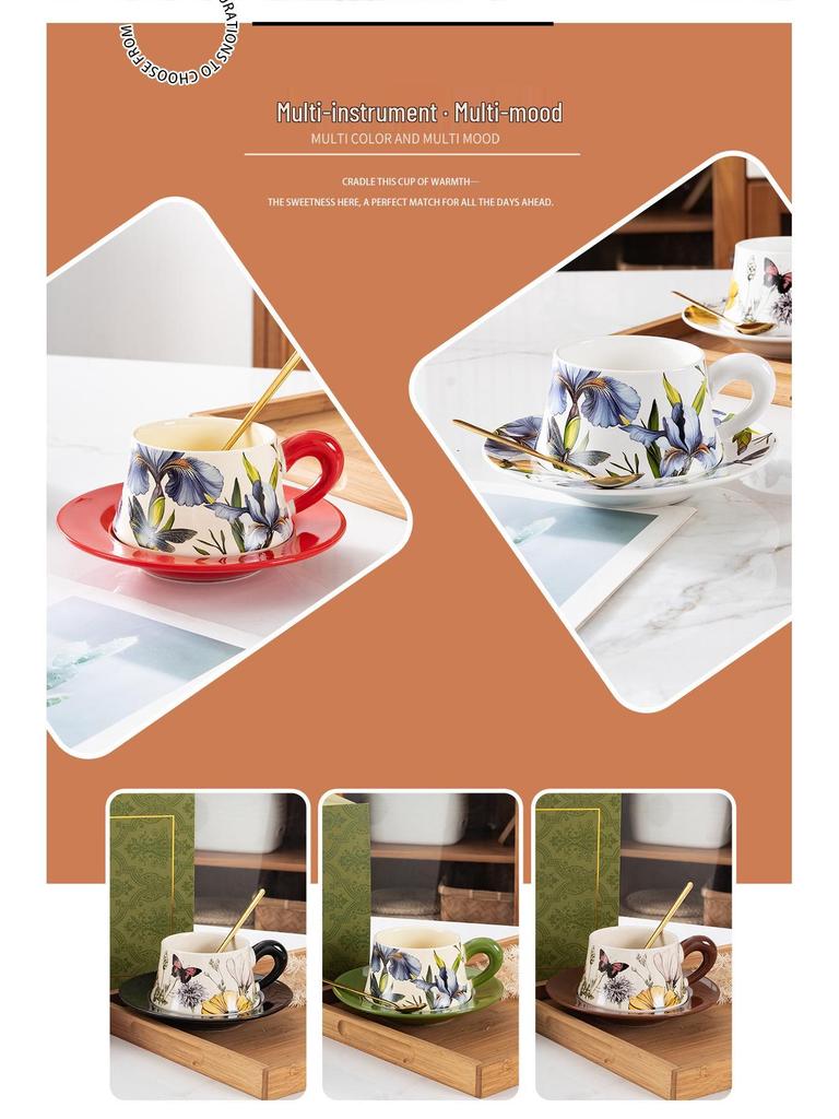 Retro Floral Ceramic Coffee Cup & Saucer Set with Gift Box - Elegant Water Cup Souvenir