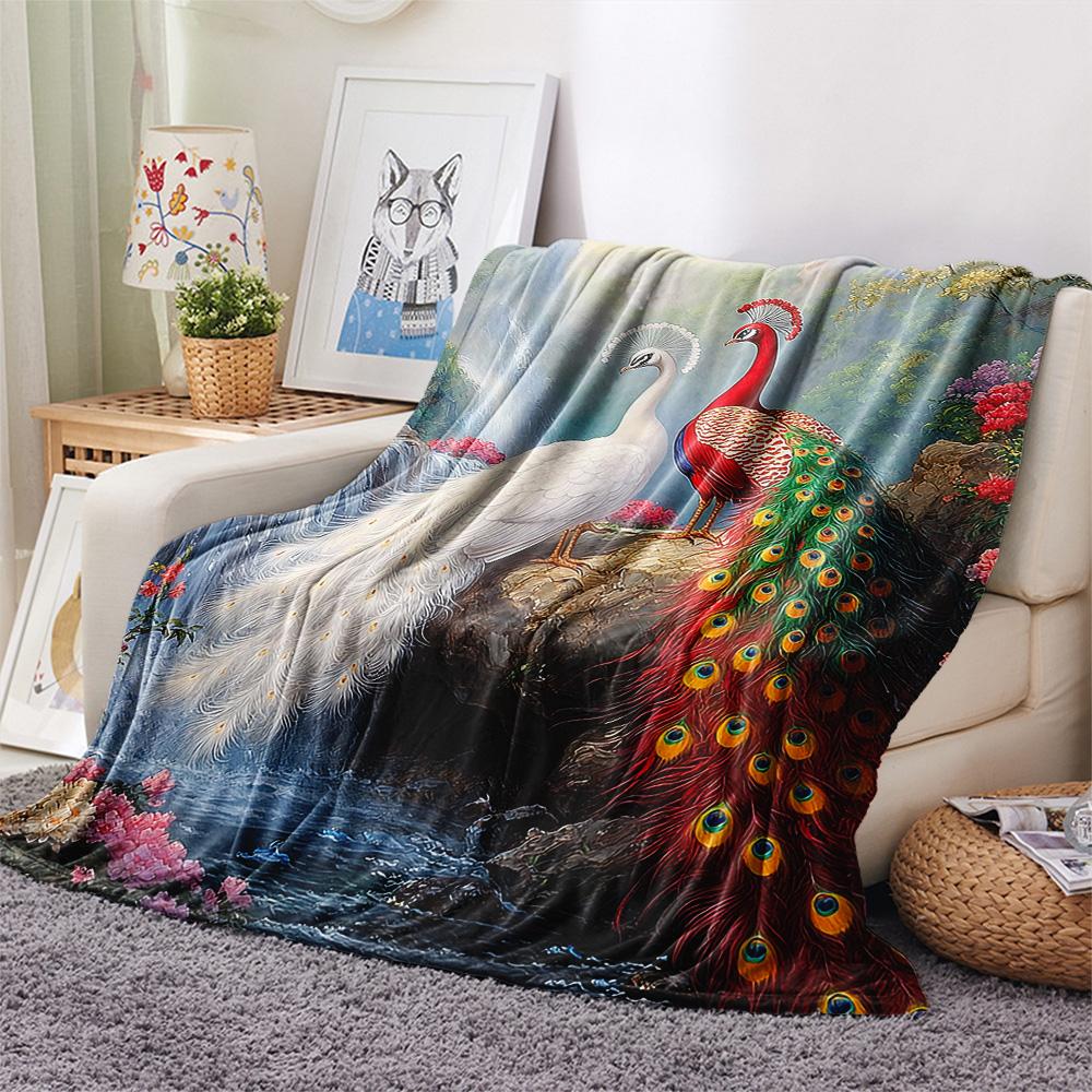 Peacock Print Flannel Blanket, High quality Comfortable for All Seasons, Home Decor, Warmth and Comfort, Perfect for Christmas Gifts