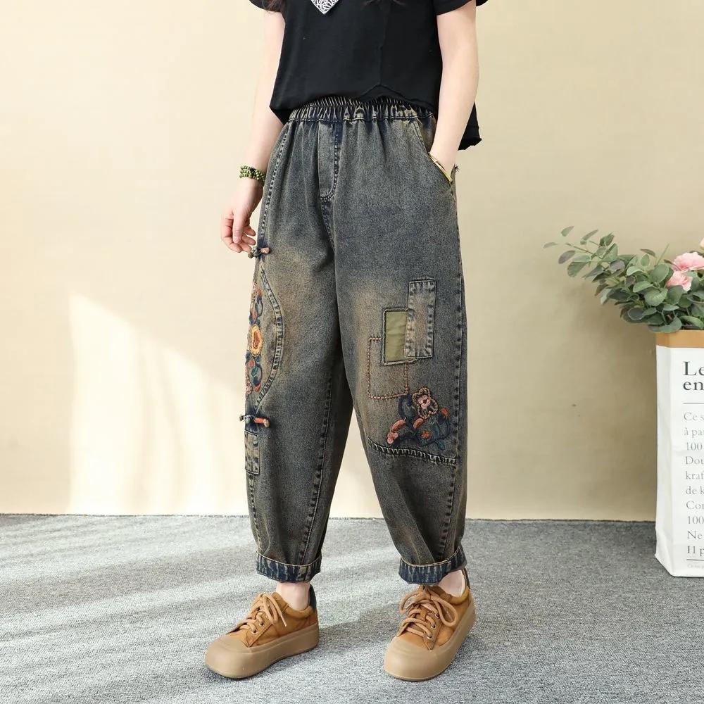 Künstlerische Retro-Stickjeans Damenbekleidung Frühling Herbst Locker Hohe Taille Elastische Denimhose Weibliche Freizeithose