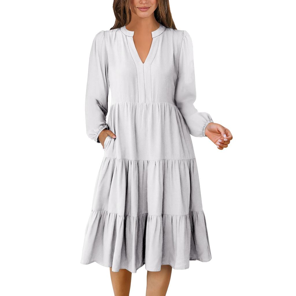 Women's V-Neck Flowing Layered Bohemian Long-sleeved Solid Colour Dress