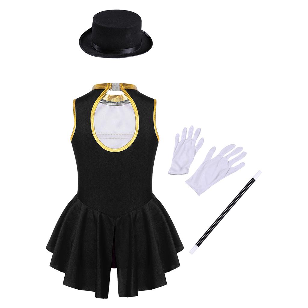 Girls Ringmaster Costume Sleeveless Leotard Round Neck Cutout Back with Hat Magic Gloves Circus Cosplay Outfit