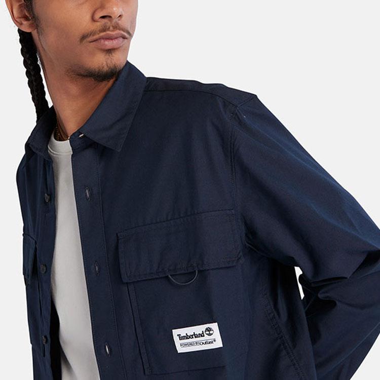 Timberland Solid Color Polo Collar Single-Breasted Long Sleeve Shirt Men Shirts Blue A6RC9-433