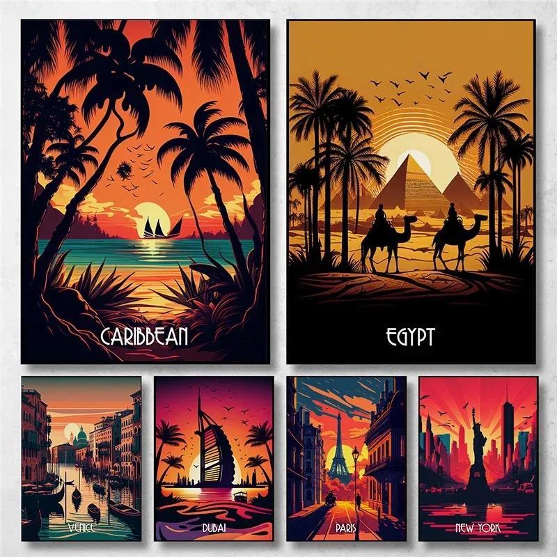 Vintage City Caribbean Egypt Venice Rome Dubai Landscape  Art Poster Canvas Painting Wall Prints Picture Living Room Home Decor