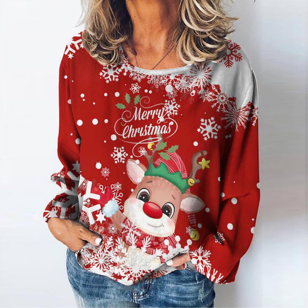 Christmas Women's T-shirt Autumn O-neck Sweater Snowman Print Long Sleeve Female Harajuku Streetwear Oversized Clothing For Lady