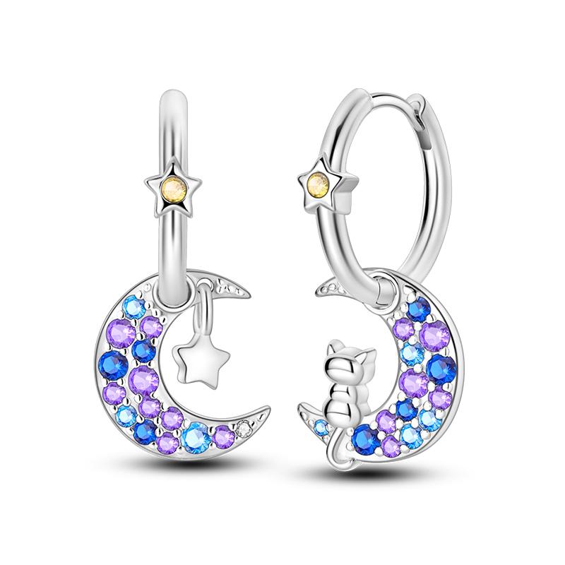 Fashion 925 Silver Color Earrings Blue Zircon Stars Moon Irregularity Earrings For Woman Fine Birthday Jewelry Gifts