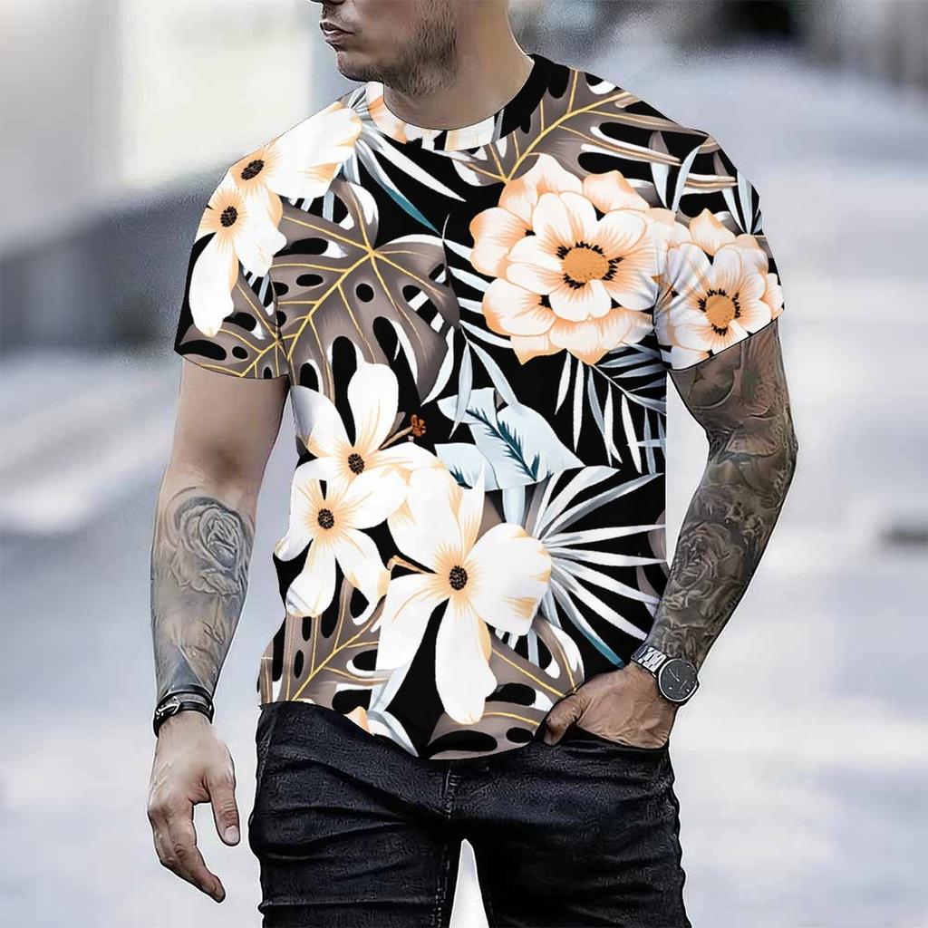 Women Short Sleeve Crew Neck T Shirt Black White Tropical Palm Leaf All Over Print Top
