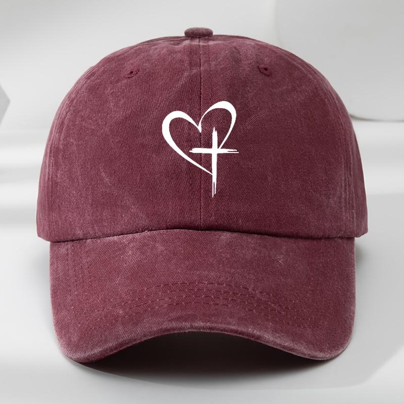 Retro washed baseball cap men's comfortable fit black and white heart-shaped cross print bohemian style casual sun hat