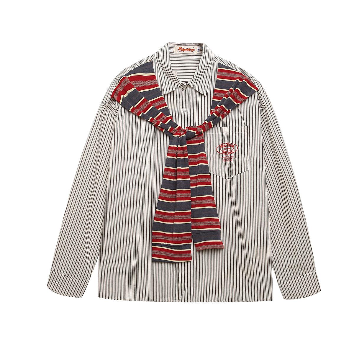 Men s American retro ins trendy fake two-piece design shirt striped shirt personality M серый