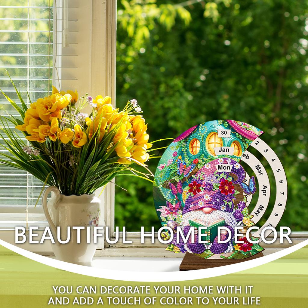 Special Shape Garden Gnome Diamond Painting Spinning Calendar Wooden Perpetual Desk Calendar Manual Rhinestones Wheeled Calendar