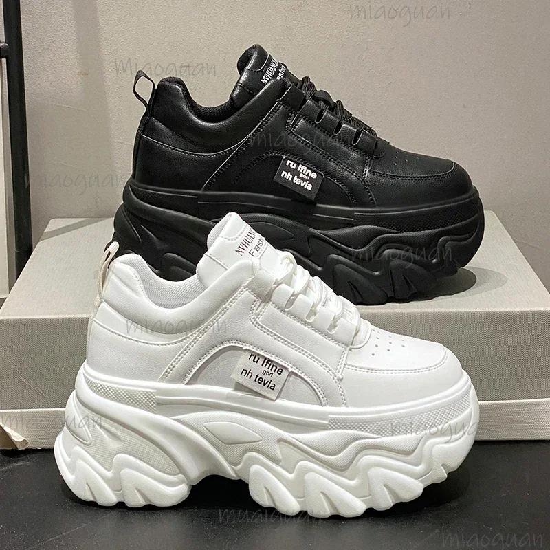 Fashion White Black Chunky Sneakers Women Spring Autumn Thick Bottom Shoes Woman Fashion PU Leather Platform Casual Sneakers Ladies