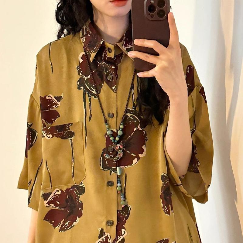 Women's Printed Short Sleeved Shirt Chinese Style Loose Retro Female's Shirts Single Breasted Woman Clothing with Pocket