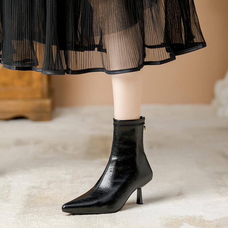 Fashion Pointed toe stiletto short boots for women 2025 autumn and winter new slim boots back zipper French Chelsea stretch short boots
