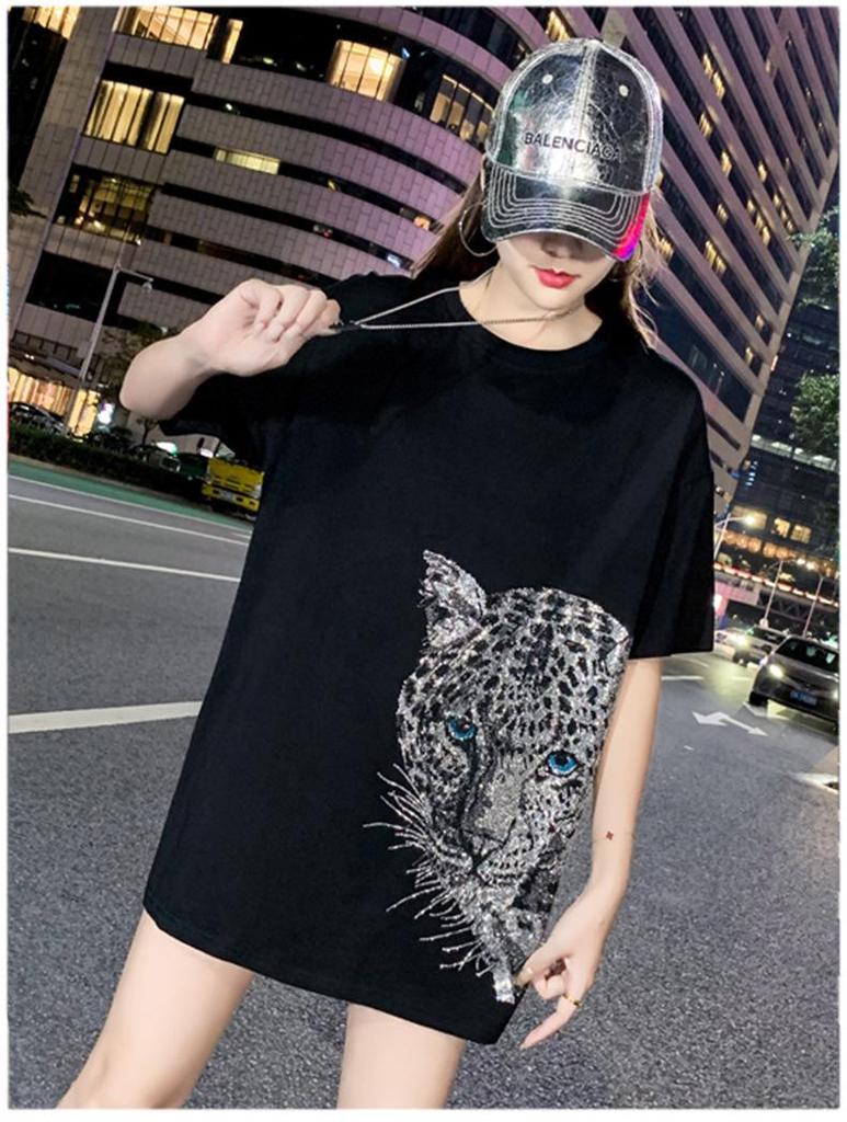 200g Combed Cotton Women's Plus Size Rhinestone Top, 2023 Mid-Length Style