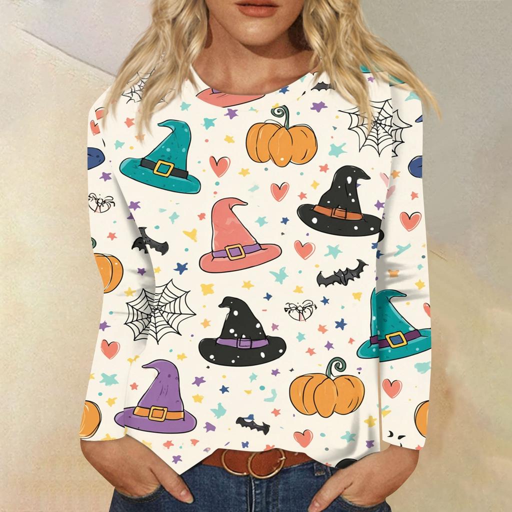 Modisches, lässiges Langarm-Oberteil mit Rundhalsausschnitt und Halloween-Print für Damen