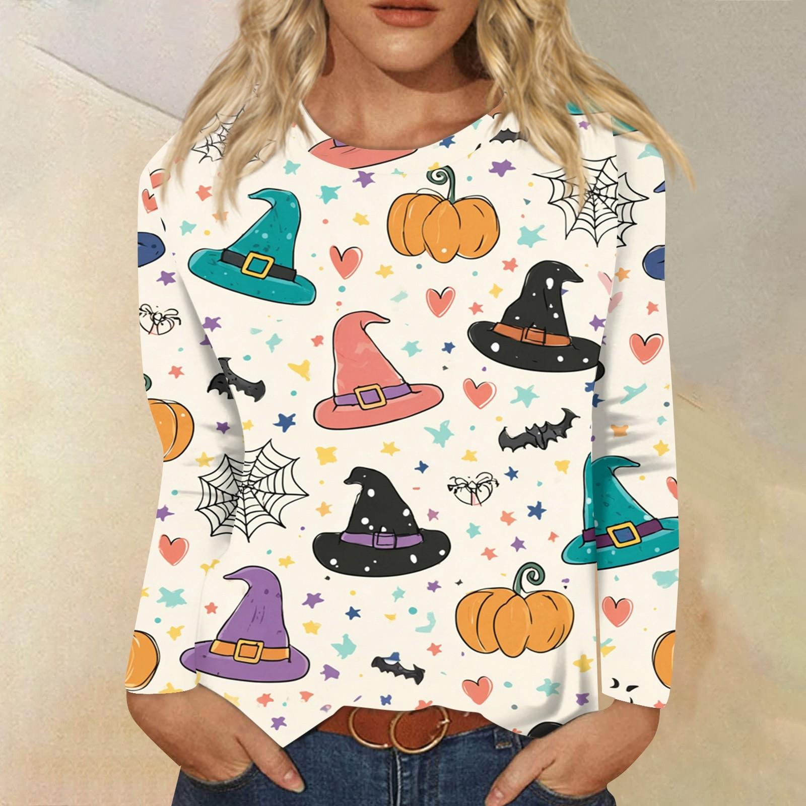 

Женская мода повседневная блузка с длинным рукавом и принтом на Хэллоуин с круглым вырезом XXL бежевый