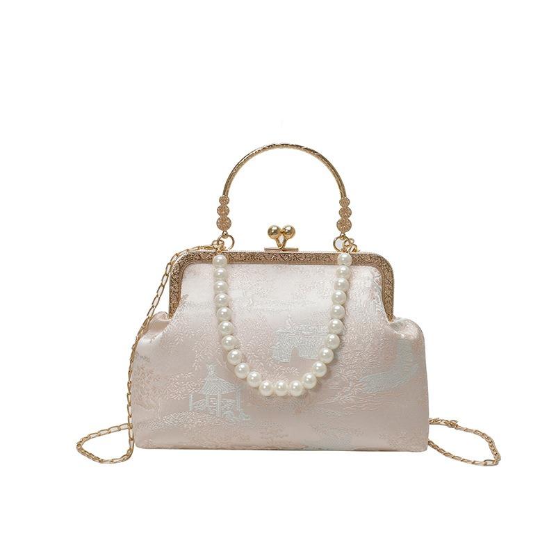 Embroidery bag women's new pearl chain messenger bag niche portable gold bag