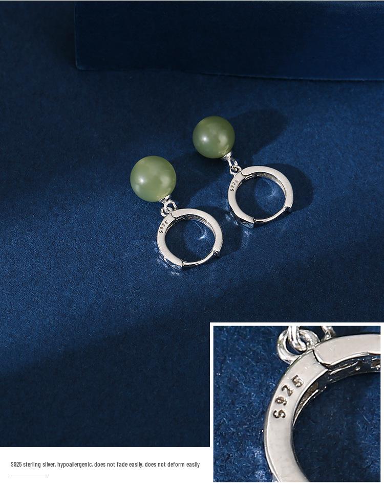 Boucles d'oreilles pendantes en argent sterling 925 et jade Hetian pour femmes – Design de mode facetté, cadeau parfait