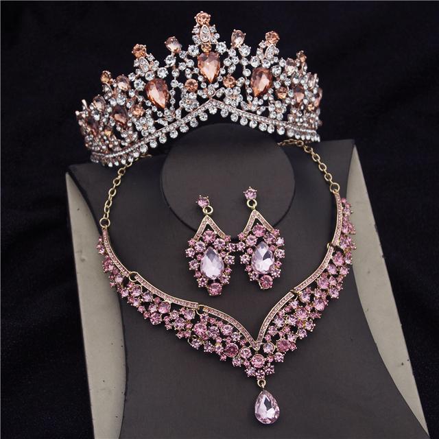 Wunderschöne rosa Kristall-Diademe Brautschmuck-Sets für Frauen Mode Krone Ohrringe koreanische Hochzeit Halskette Dubai Schmuck-Sets