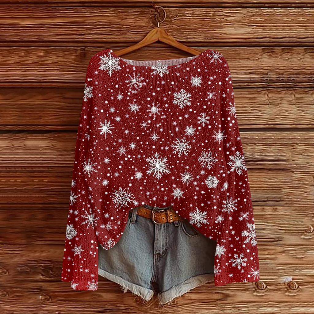 Ladies' Fashionable Casual Long Sleeved Christmas Printed Round Neck Knitted Yarn