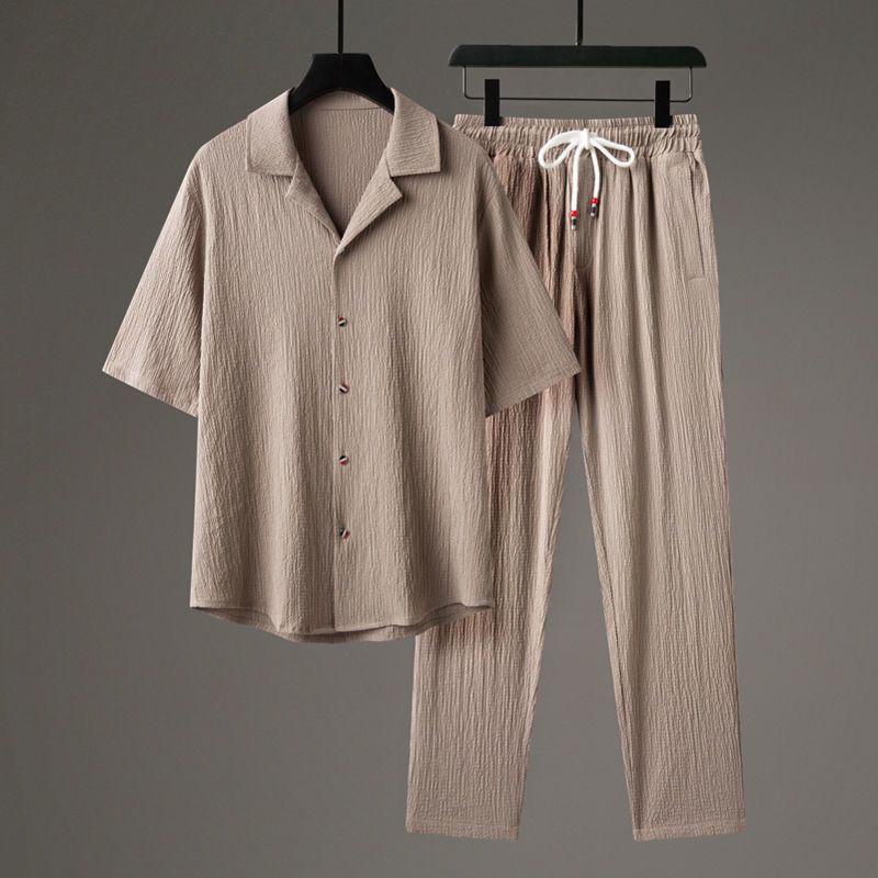 5-point Sleeve Casual Suit Men's Thin Linen Short Sleeved Sports Cotton Solid Color Chinese Style Two-piece Set Men